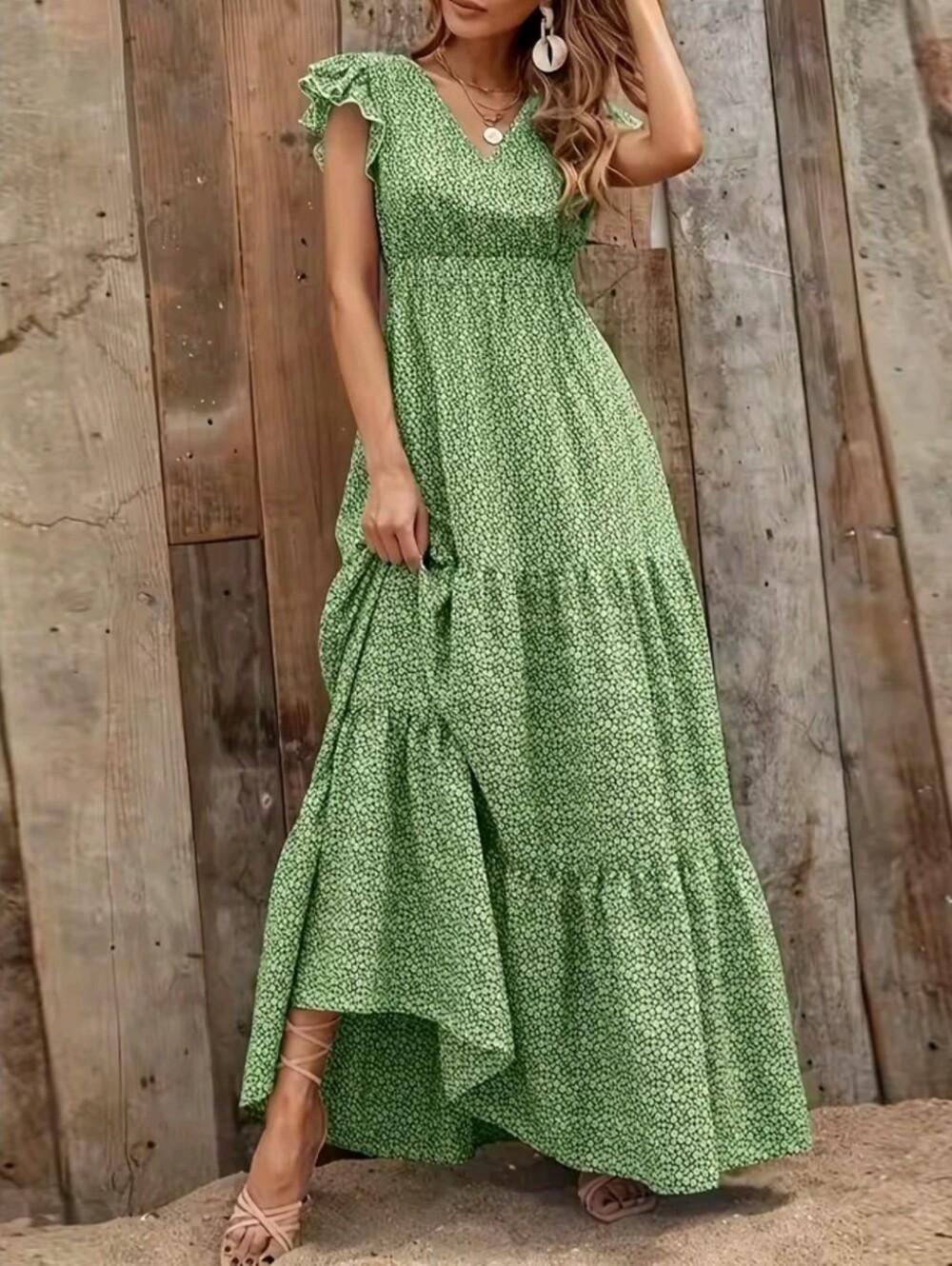 Women's Green Floral Dress With Flying Sleeves